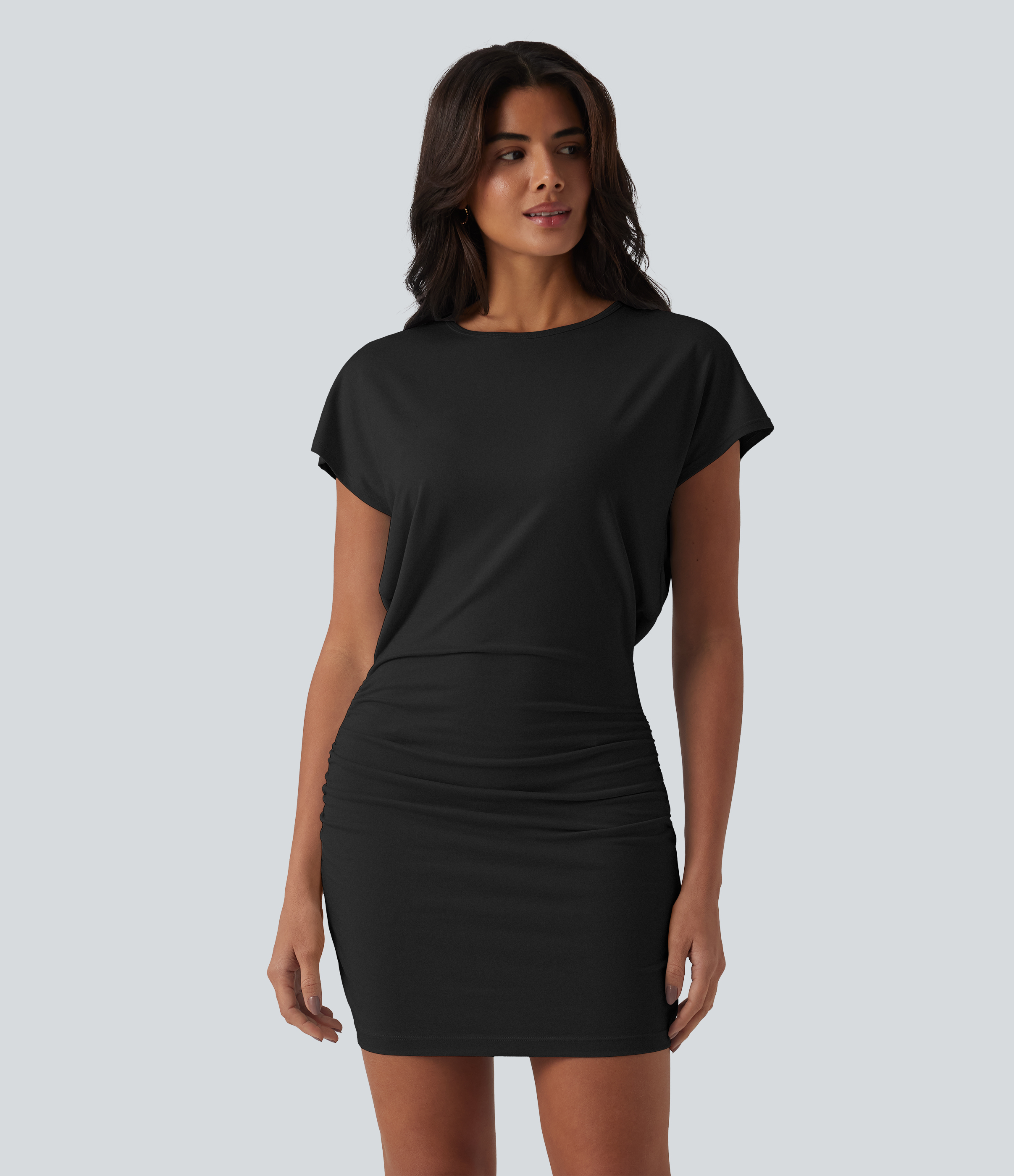 Round Neck Short Sleeve Bodycon Longer Mini Length Casual Dress Casual Dress - Black