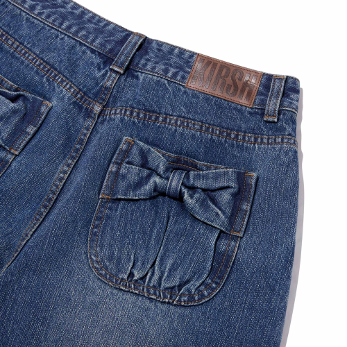 Pocket Ribbon Detail Wide Fit Denim Shorts
