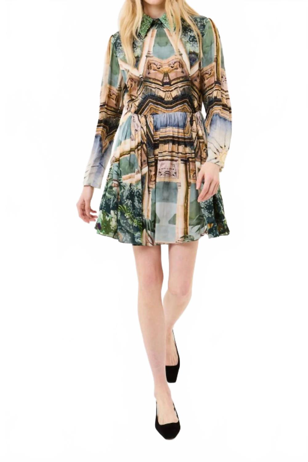 Collared Long Sleeve Mini Dress In Palm And Prism