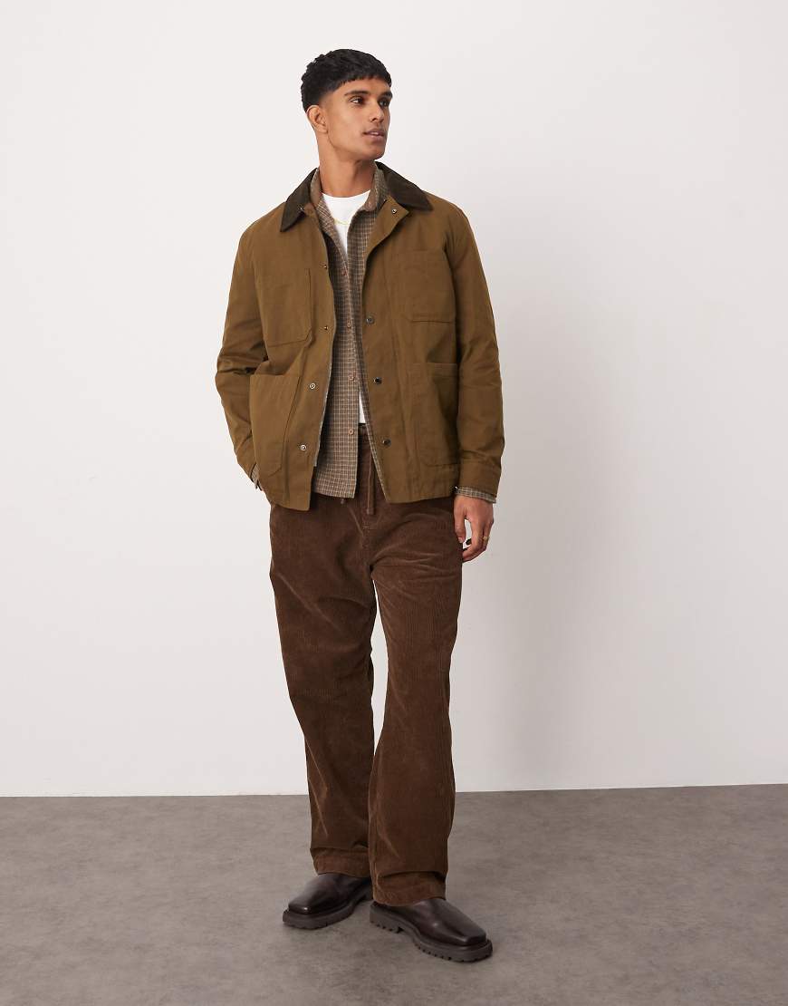 Contrast collar button down wax jacket in khaki-Green