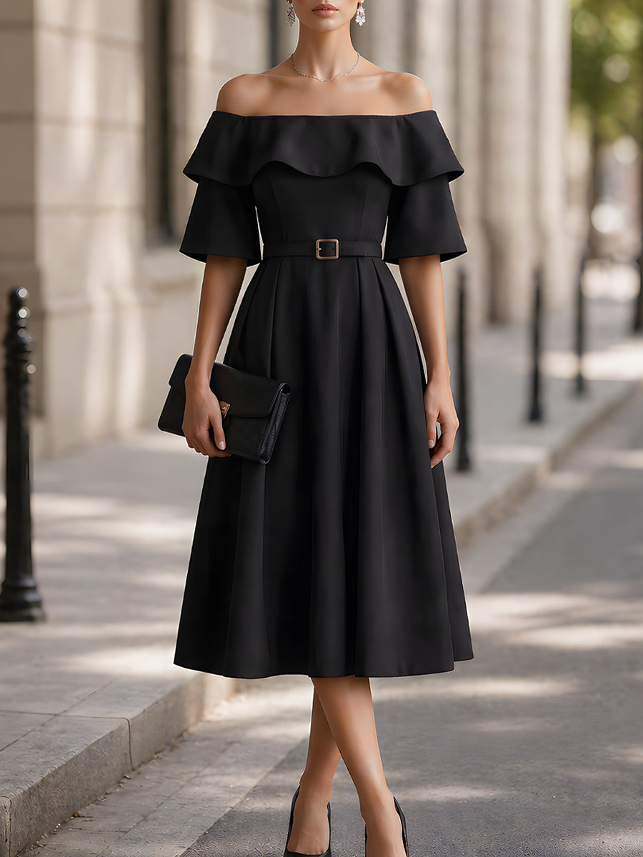 Off-Shoulder Belted Ruffle Sleeve A-Line Midi Dress - Black