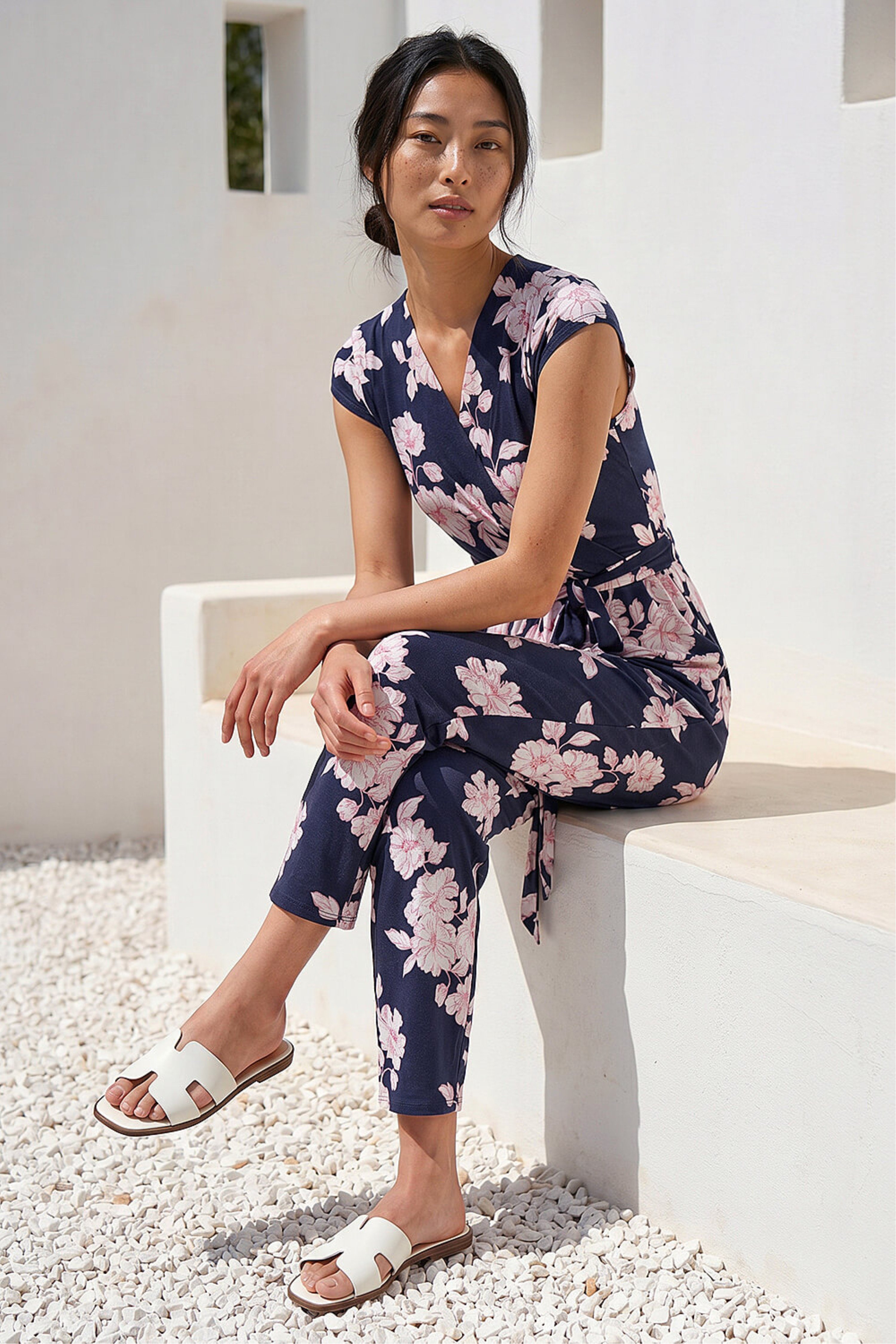 Roman Womens Petite Floral Jumpsuit - Blue