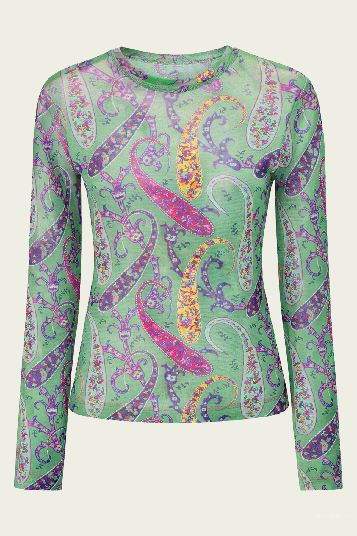 Long-Sleeve Sheer Sweater in Green Multicolor