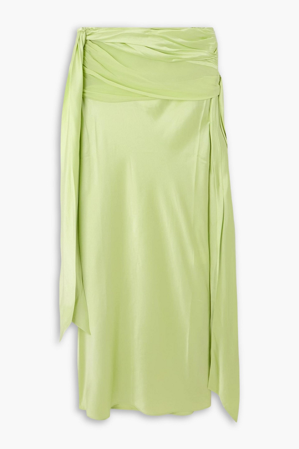 Knot-detailed gathered chiffon-trimmed silk-satin maxi skirt - Green - UK 6