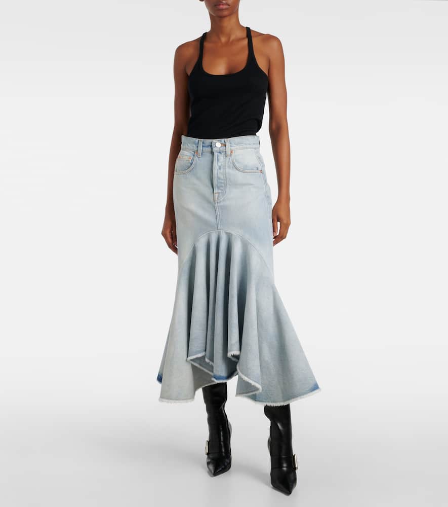 Godet denim midi skirt