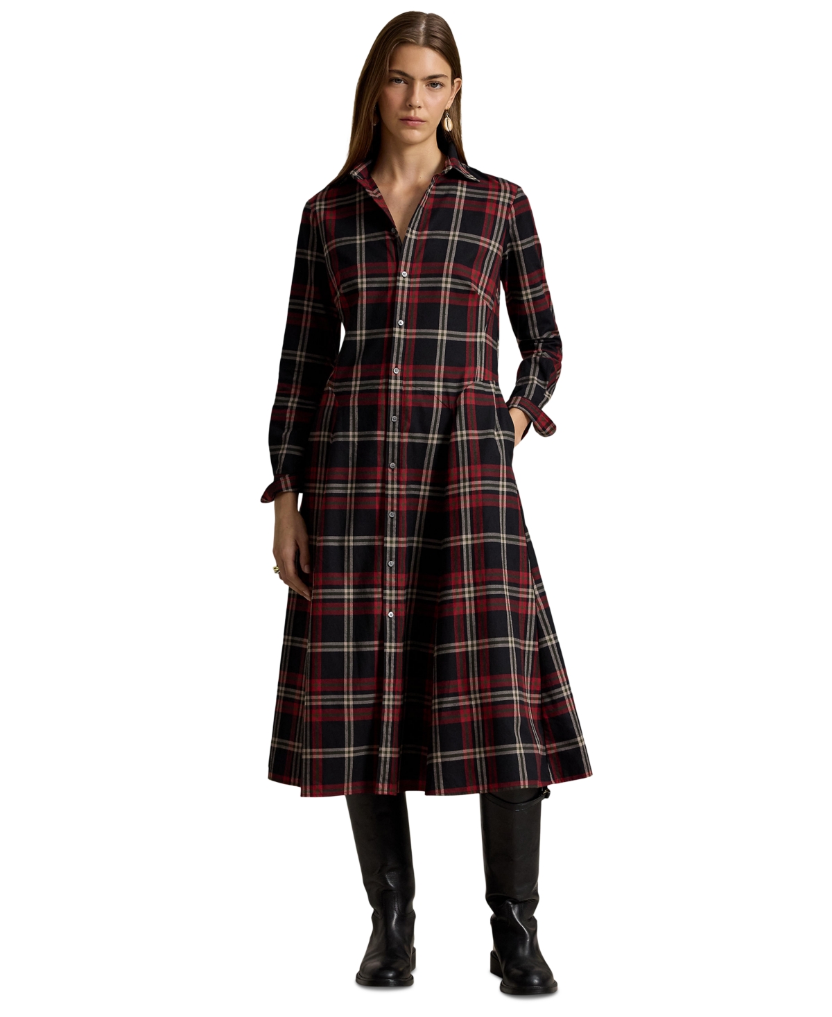 Women's Plaid Long-Sleeve Midi Shirt Dress - Red Multi Plaid