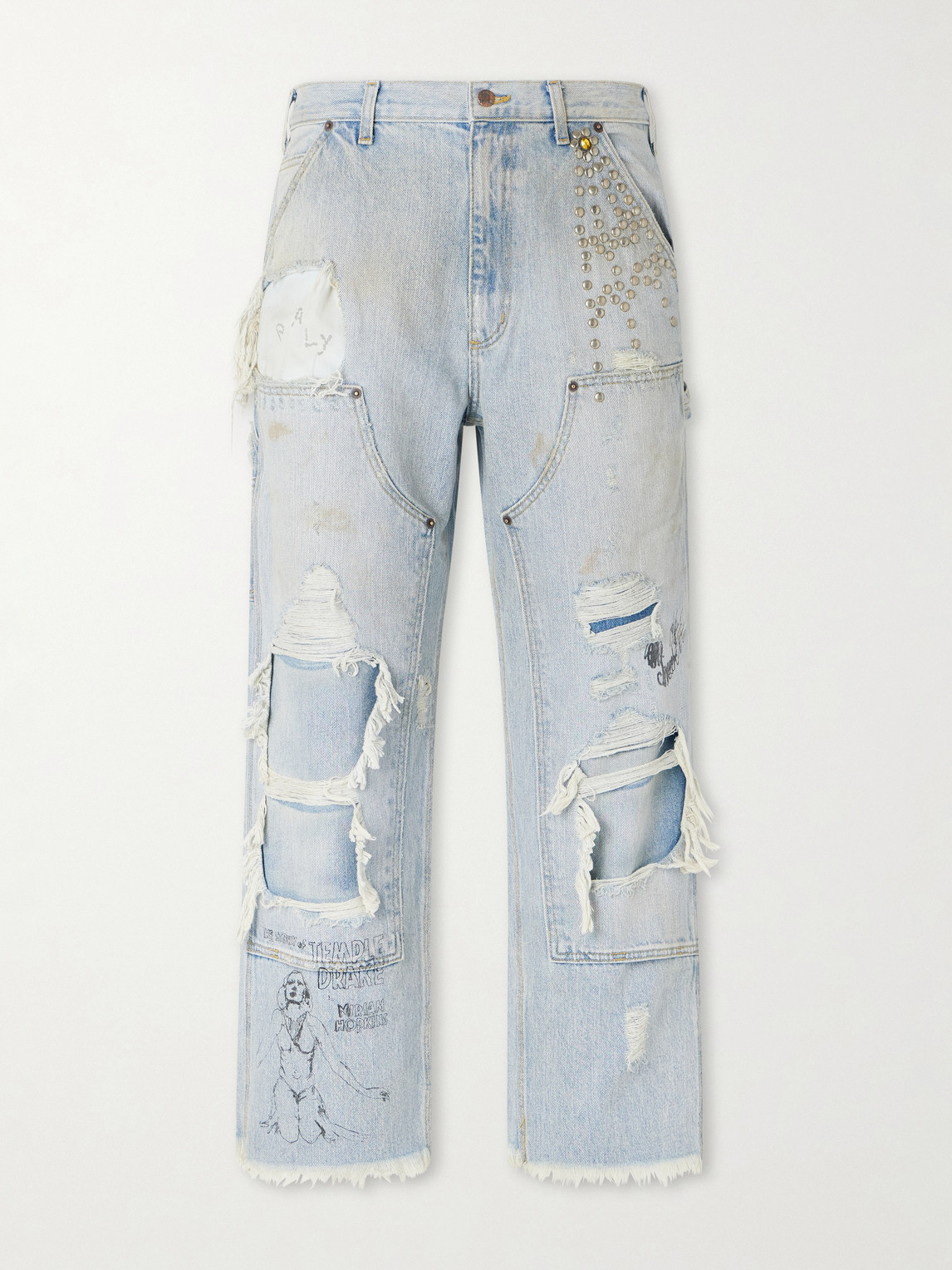 Straight-Leg Distressed Studded Jeans