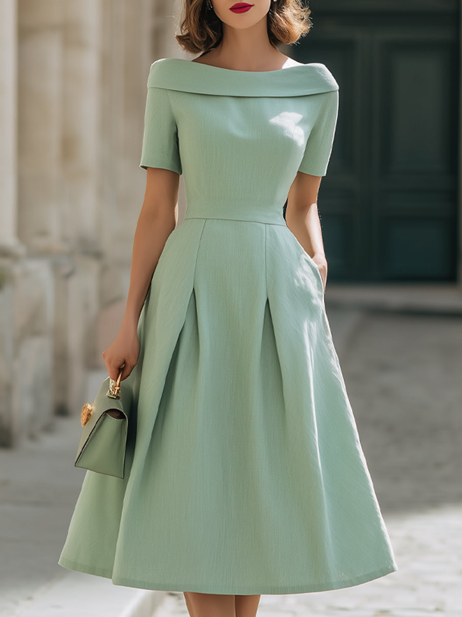 Mint Green Off-Shoulder Short Sleeve Fit-and-Flare Midi Dress With Pockets - Mint Green