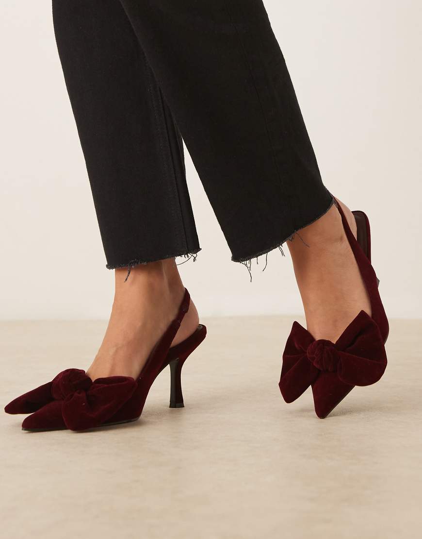 Saffron bow detail mid heeled shoes in burgundy velvet-Red