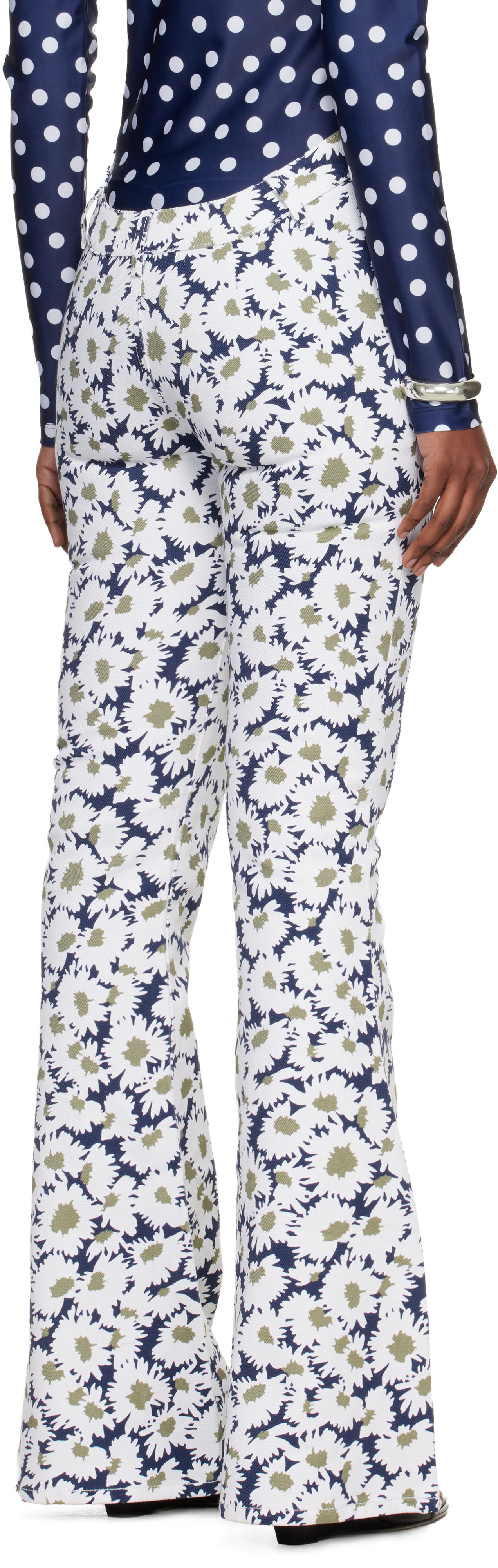 White & Navy 'The Curved Flower' Jeans