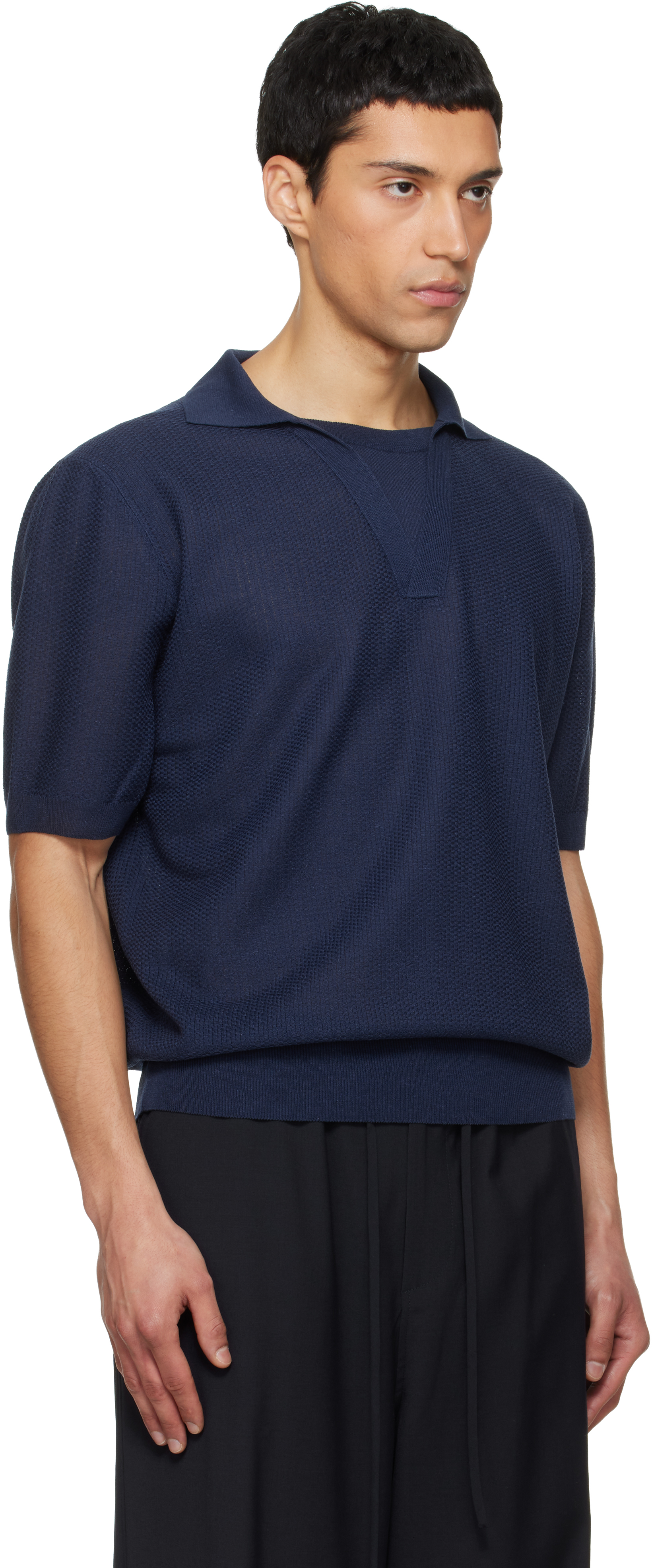 Navy Layered Neck Knit Polo
