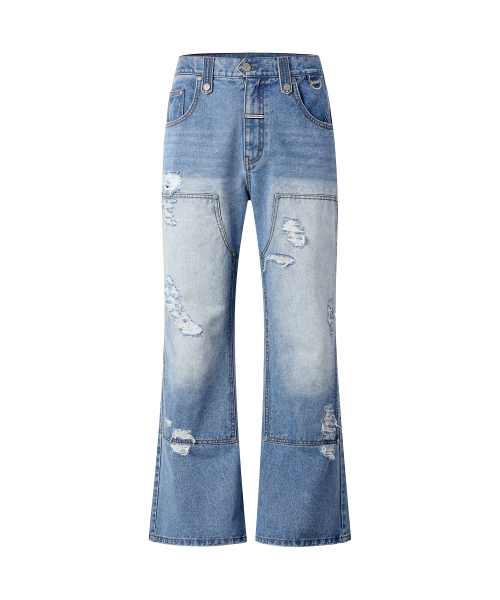 DESTROYED BOOTS CUT DENIM PANTS LIGHT BLUE