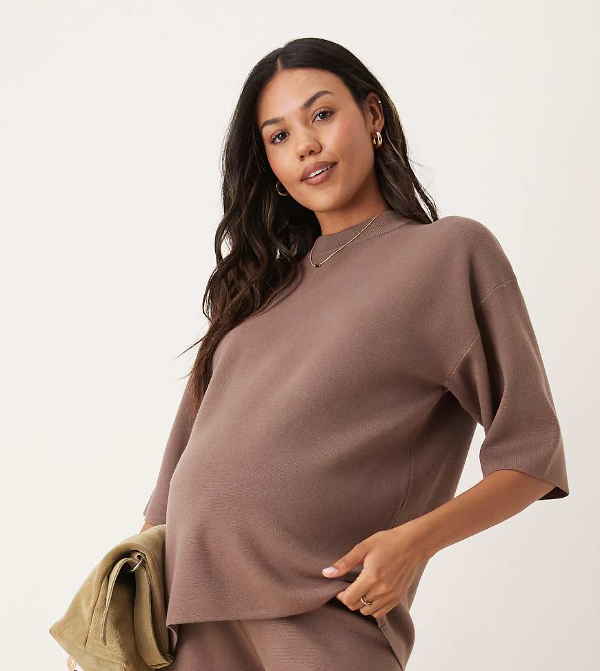 ASOS DESIGN Maternity knit structured oversized t-shirt in mocha-Brown