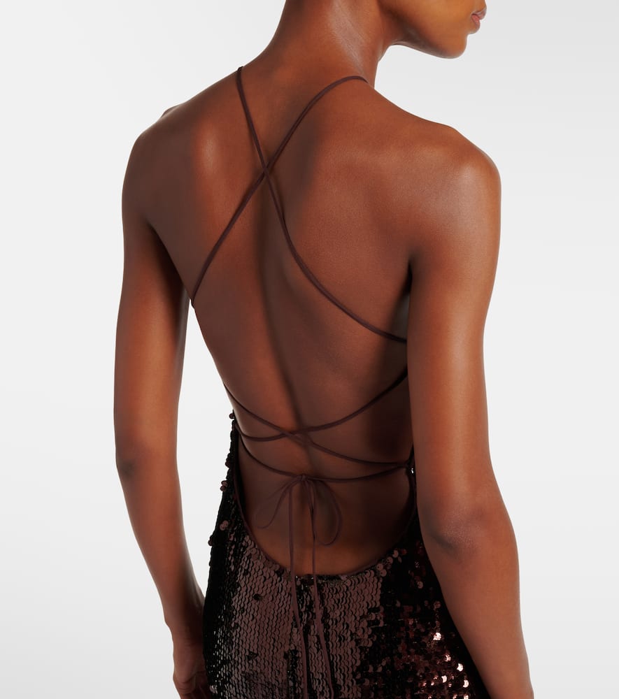 Floral-appliqué sequined gown