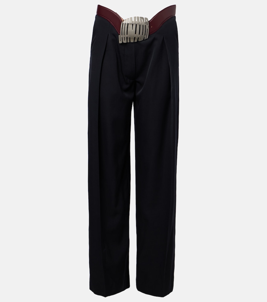 Leather-trimmed wool wide-leg pants