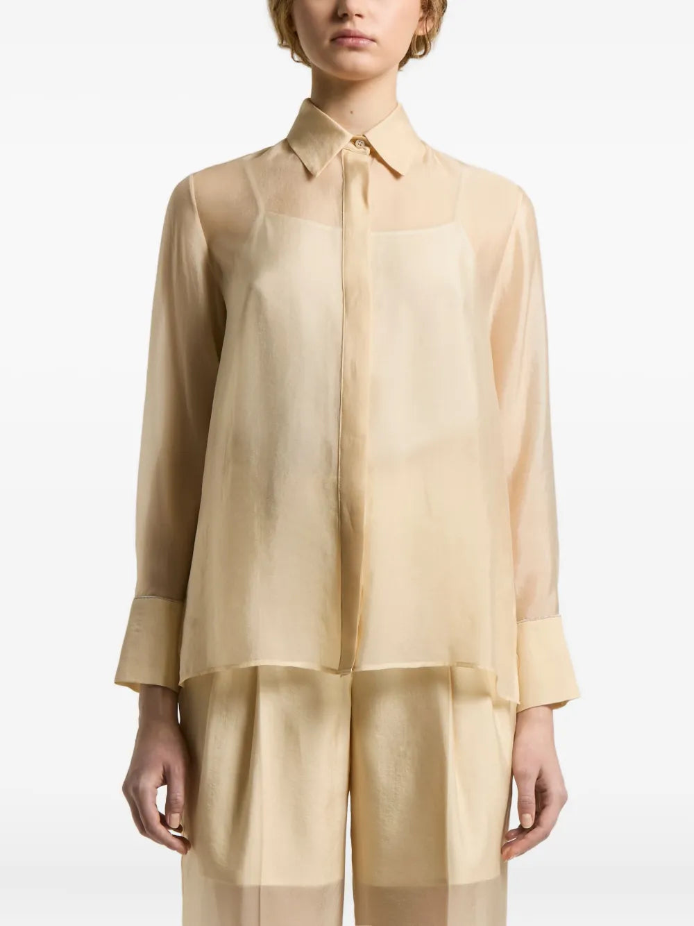 Sheer-Panel Collared Shirt — Ivory