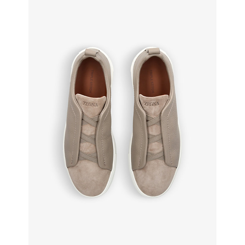 Mens Beige Triple Stitch Panelled Grained-leather and Suede Low-top Trainers