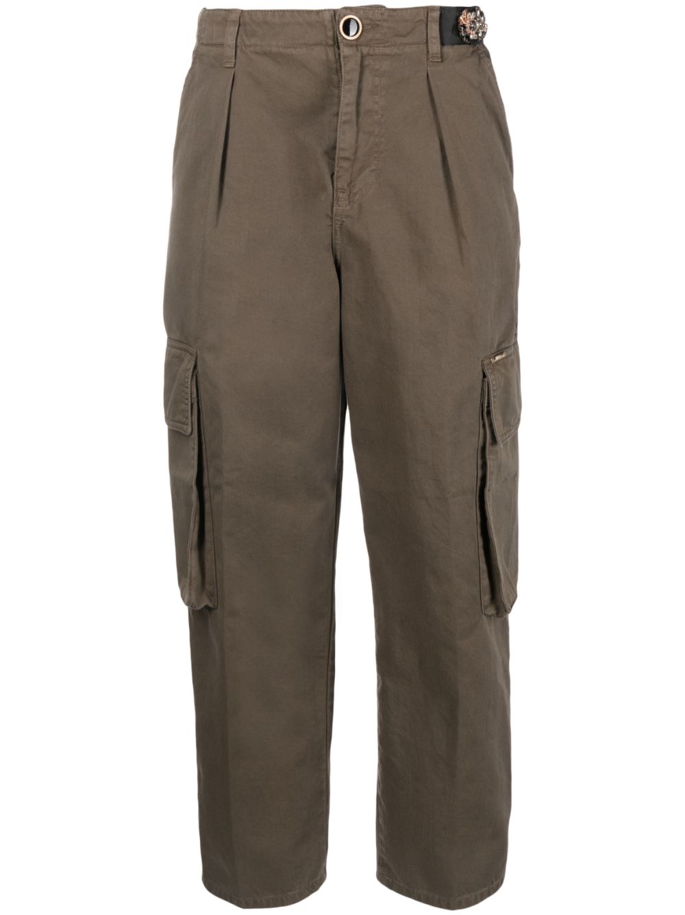 Floral-embellished cotton cargo trousers - Brown