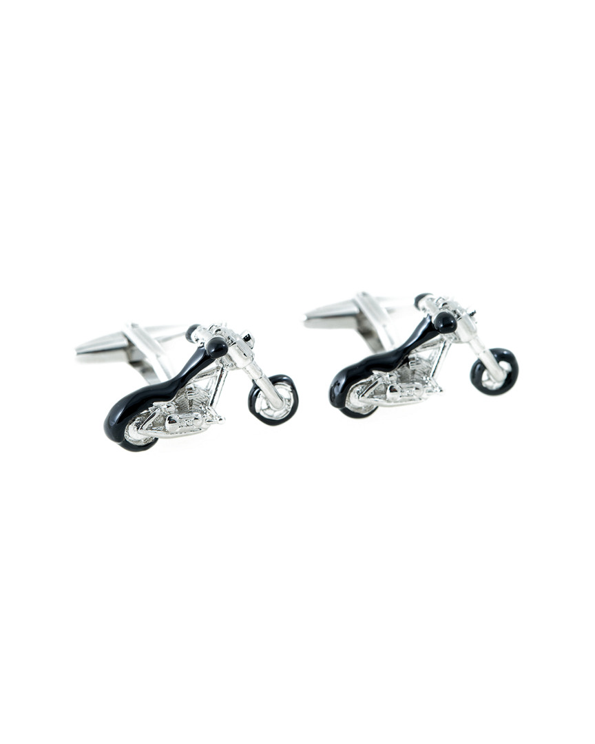 Rhodium Plated & Black Enamel Motorcycle Design Cufflinks