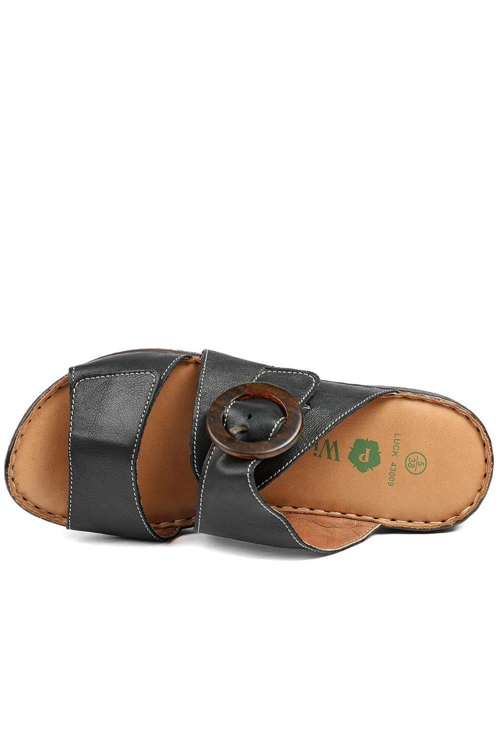Pavers Women's Wide Fit Leather Adjustable Fasten Sandals in Black