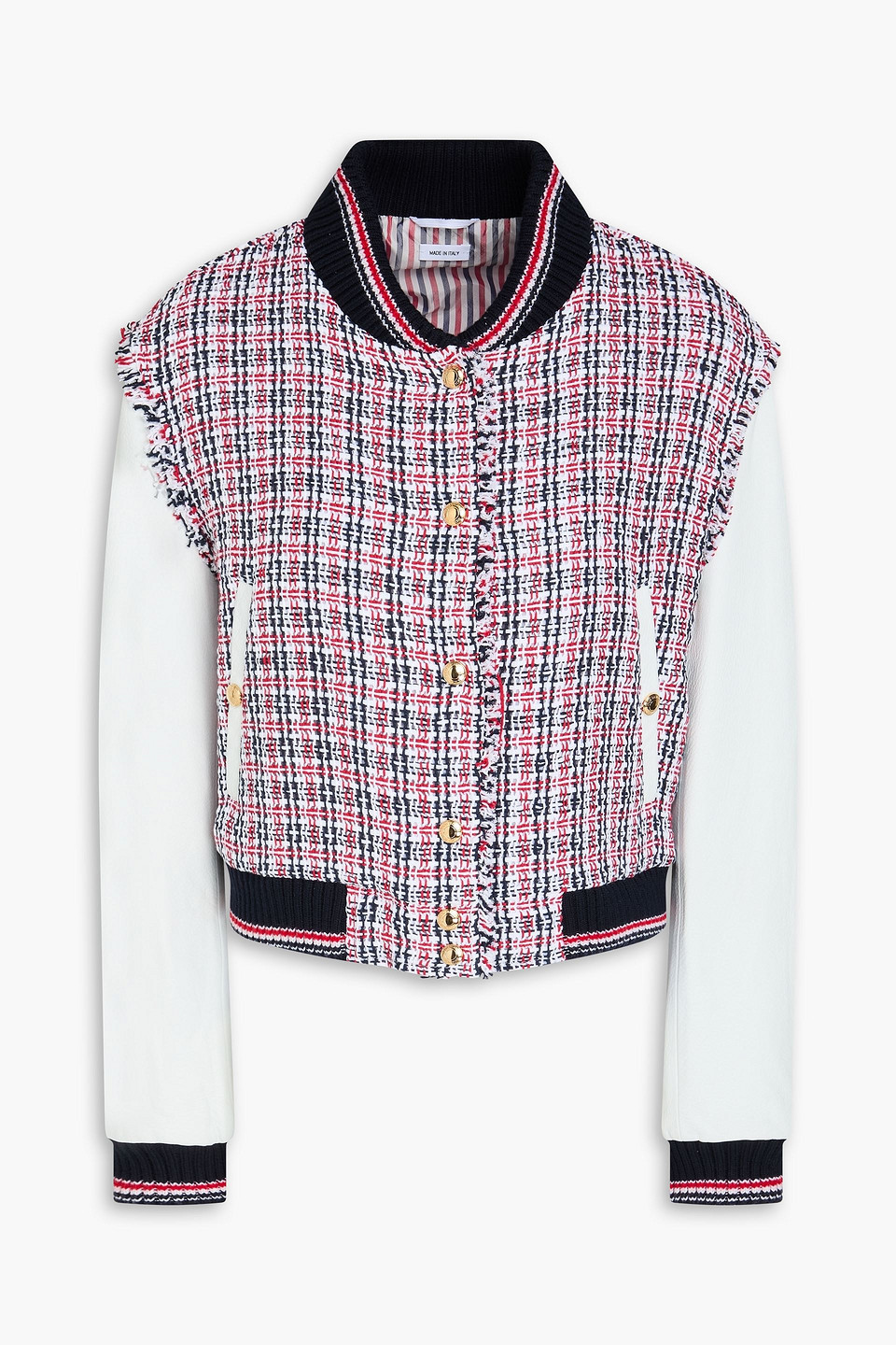 Leather-paneled checked cotton-tweed bomber jacket - Red - IT 38