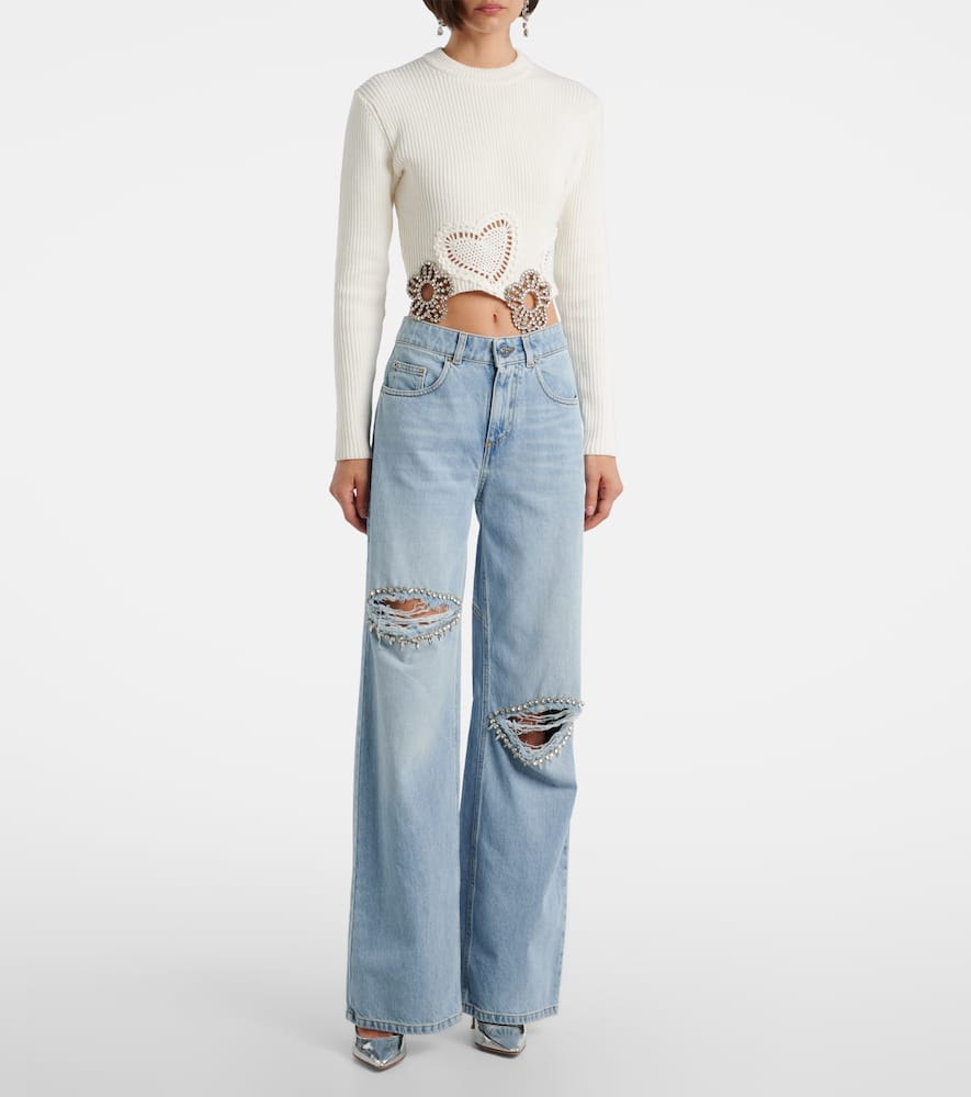 Distressed embellished wide-leg jeans