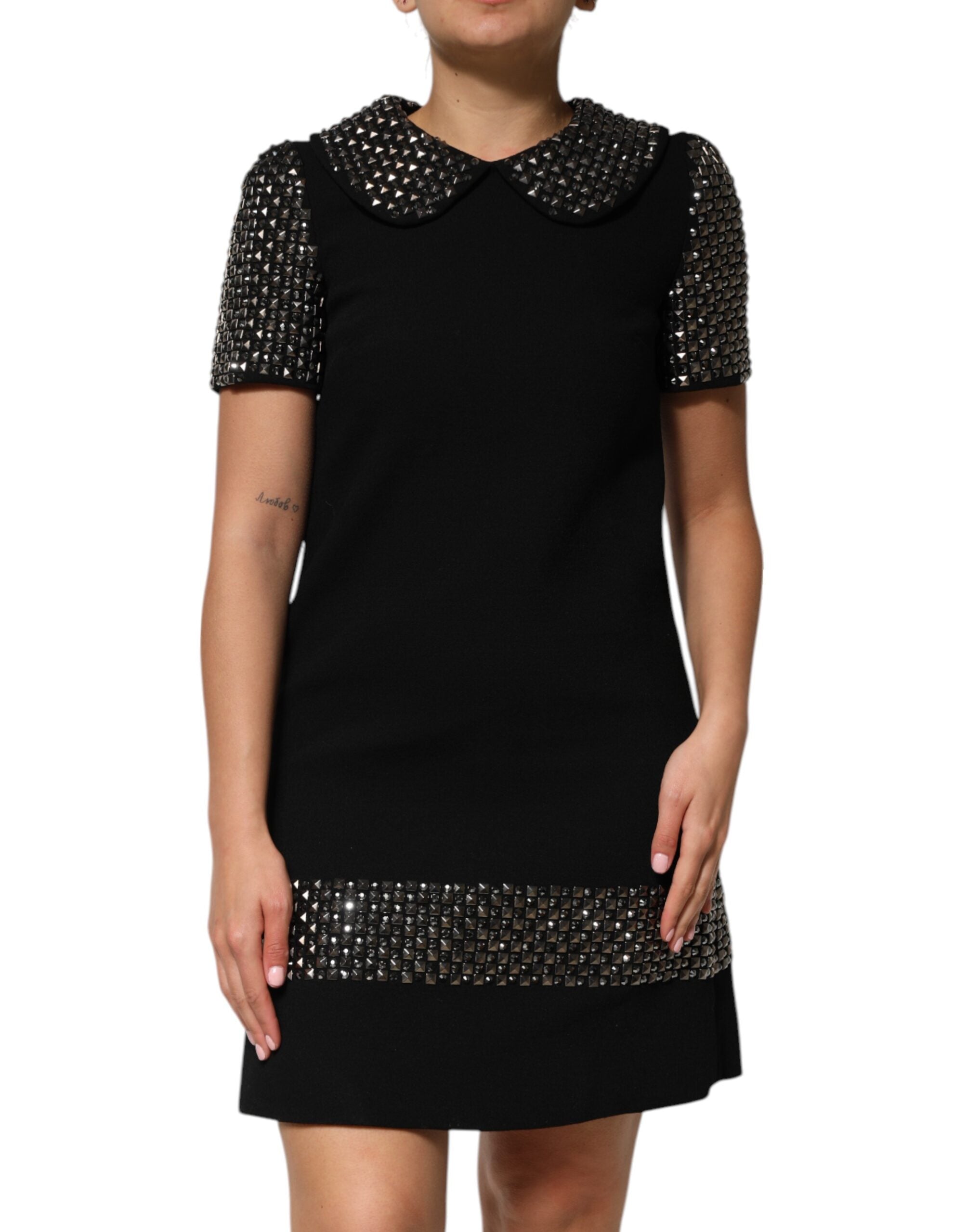 Crystal-Embellished Collared Mini Dress — Black