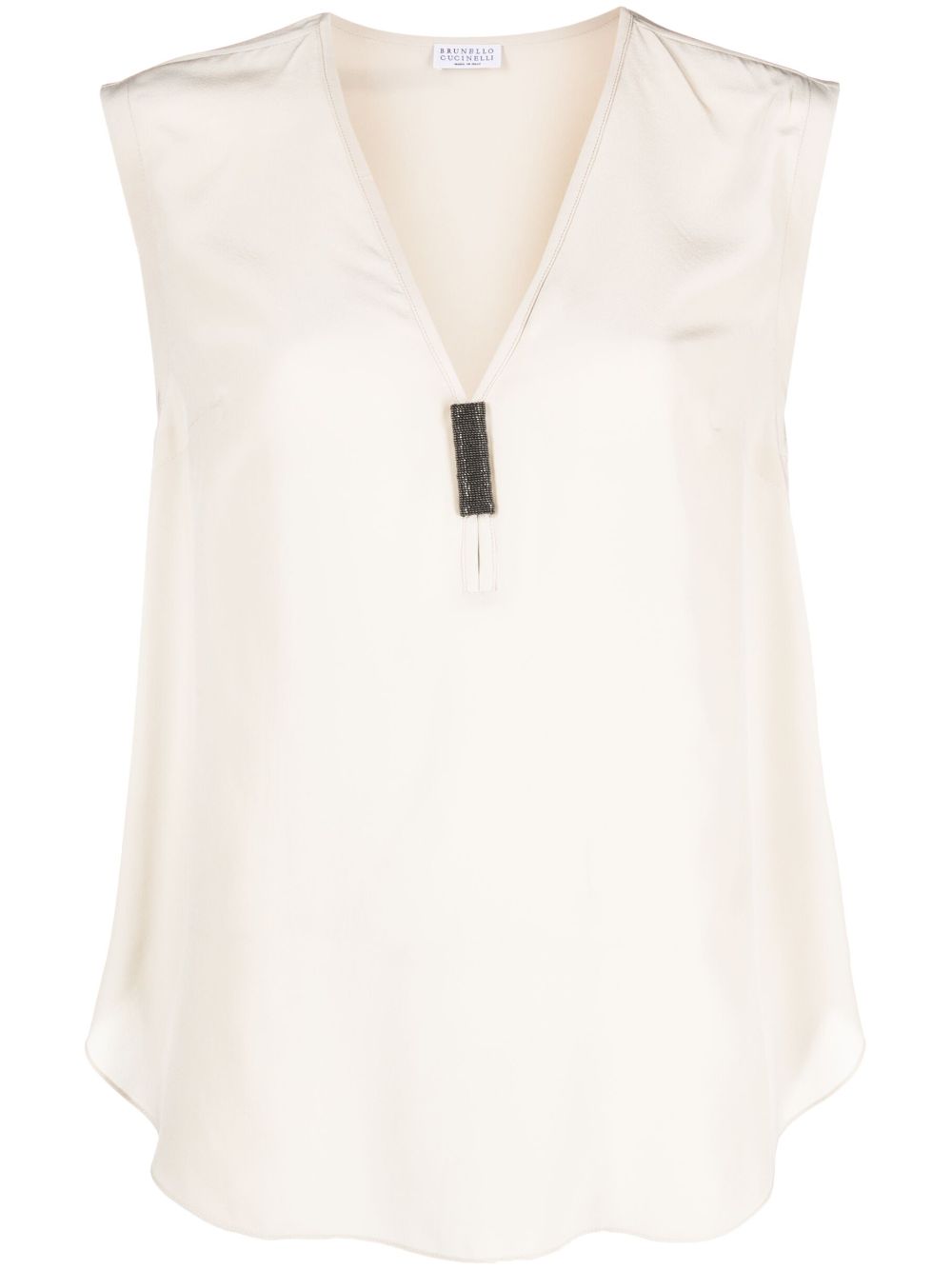 Monili-embellished sleeveless silk top - Neutrals