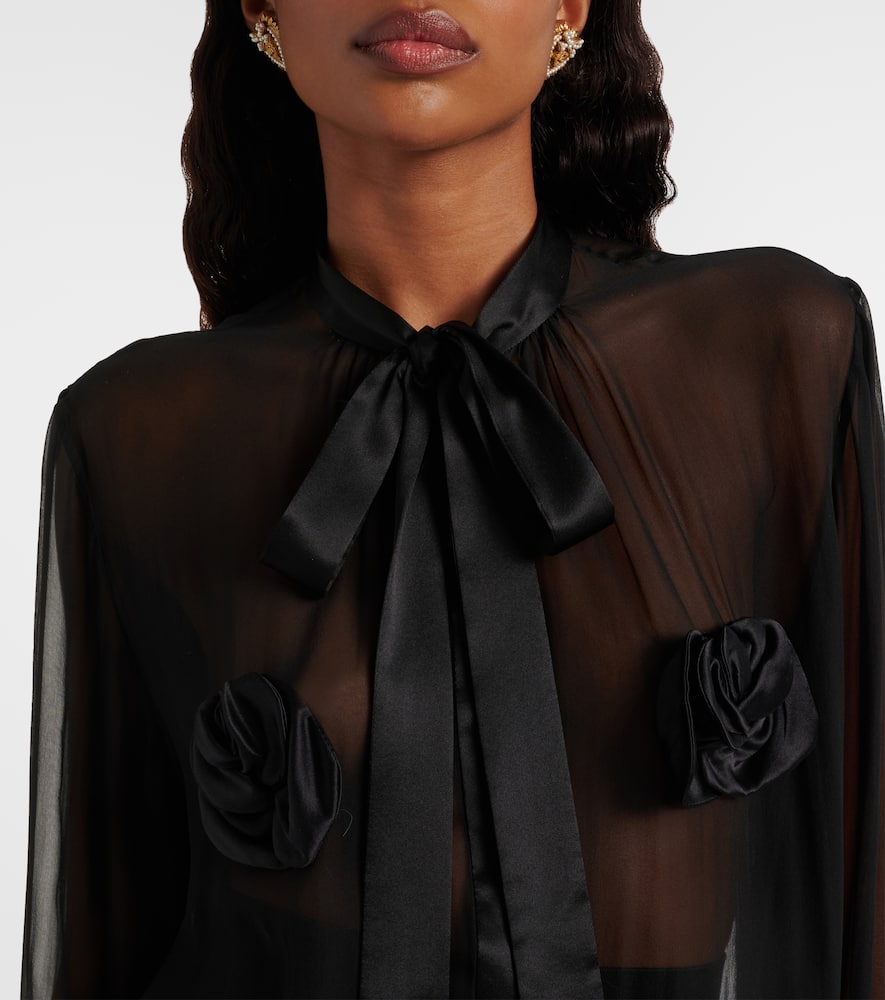 Floral-appliqué sheer silk shirt