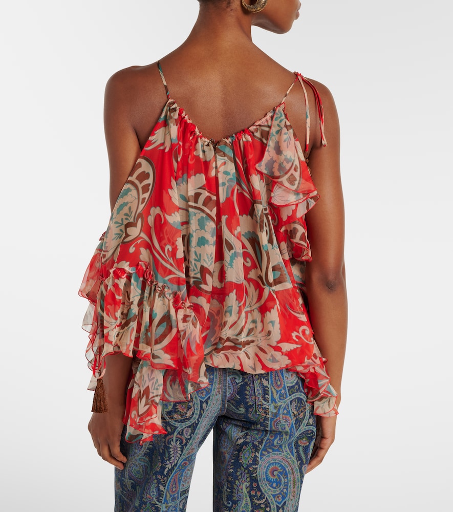Printed one-shoulder ruffled silk top