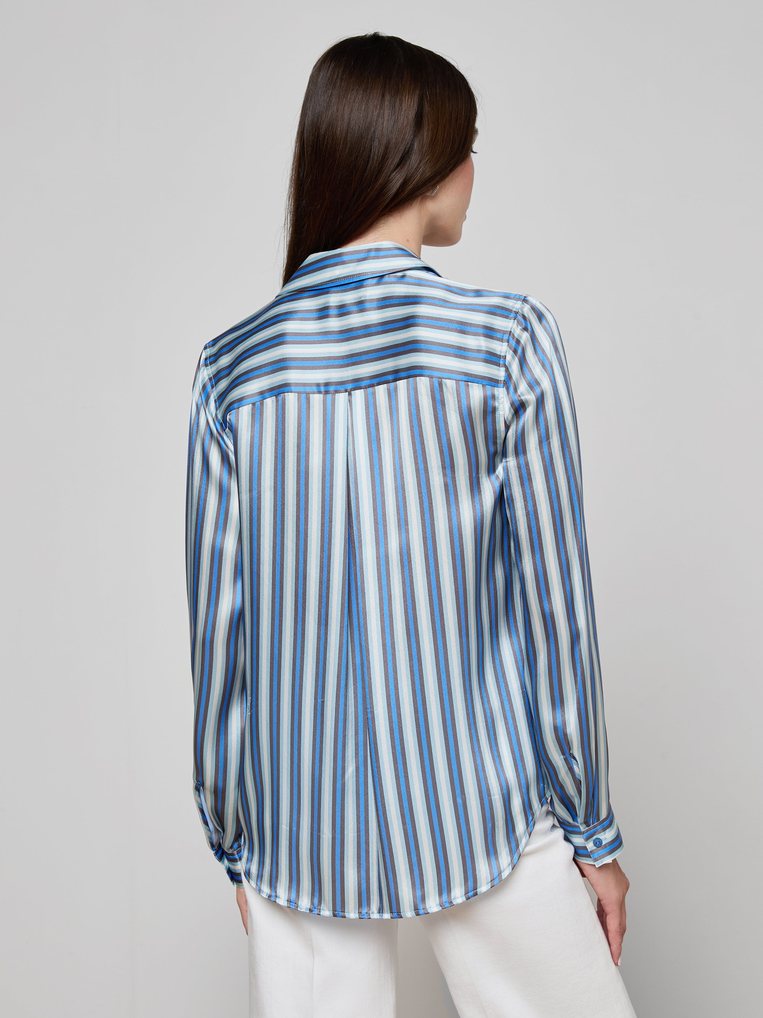 Tyler Silk Blouse Top In Blue Multi Herringbone Stripe