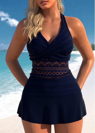 Modlily Lace Surplice V Neck Navy Tankini Set