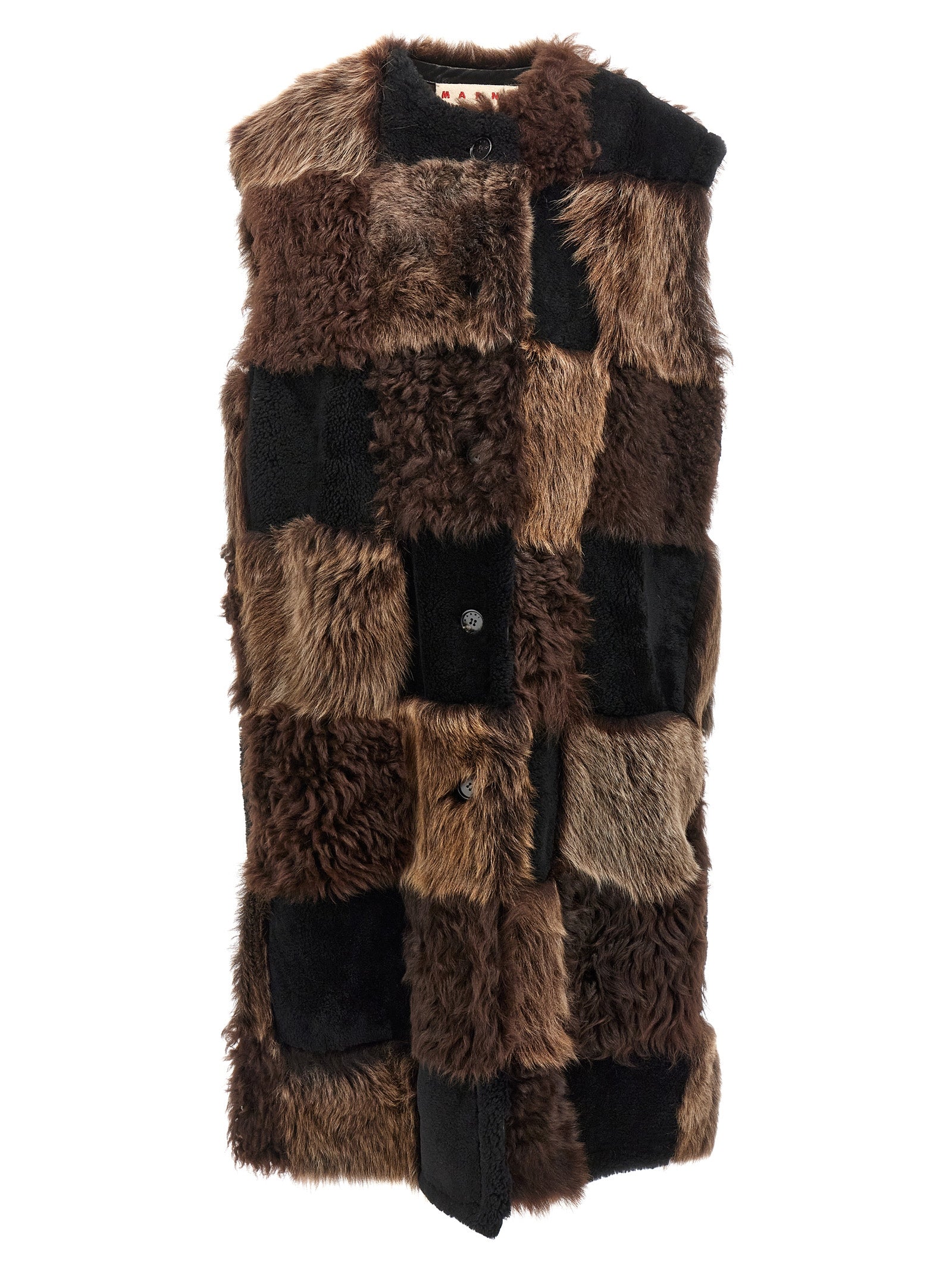Checkerboard Lamb Fur Vest — Brown