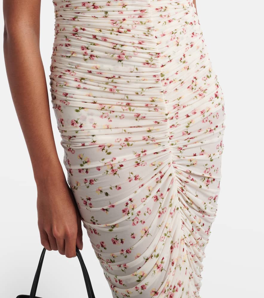 Floral-appliqué ruched midi dress