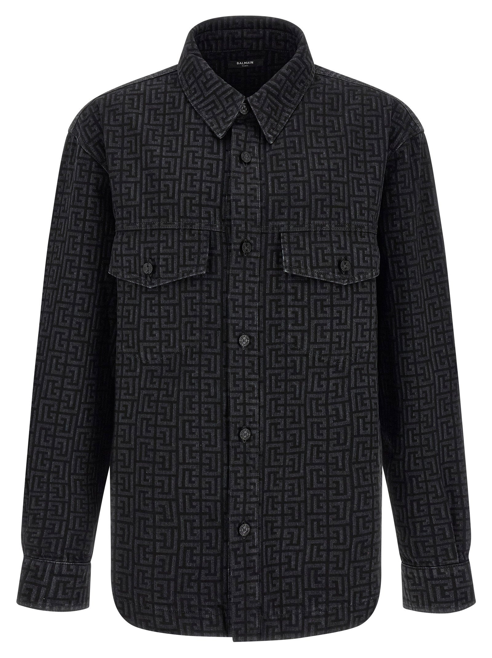 Monogram-Pattern Denim Overshirt — Black