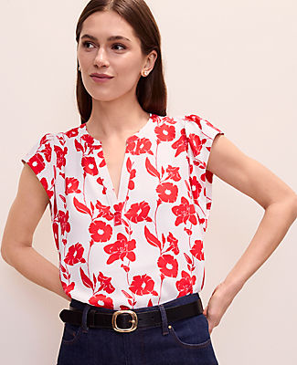 Ann Taylor Petite Mixed Media Floral Flutter Sleeve Top