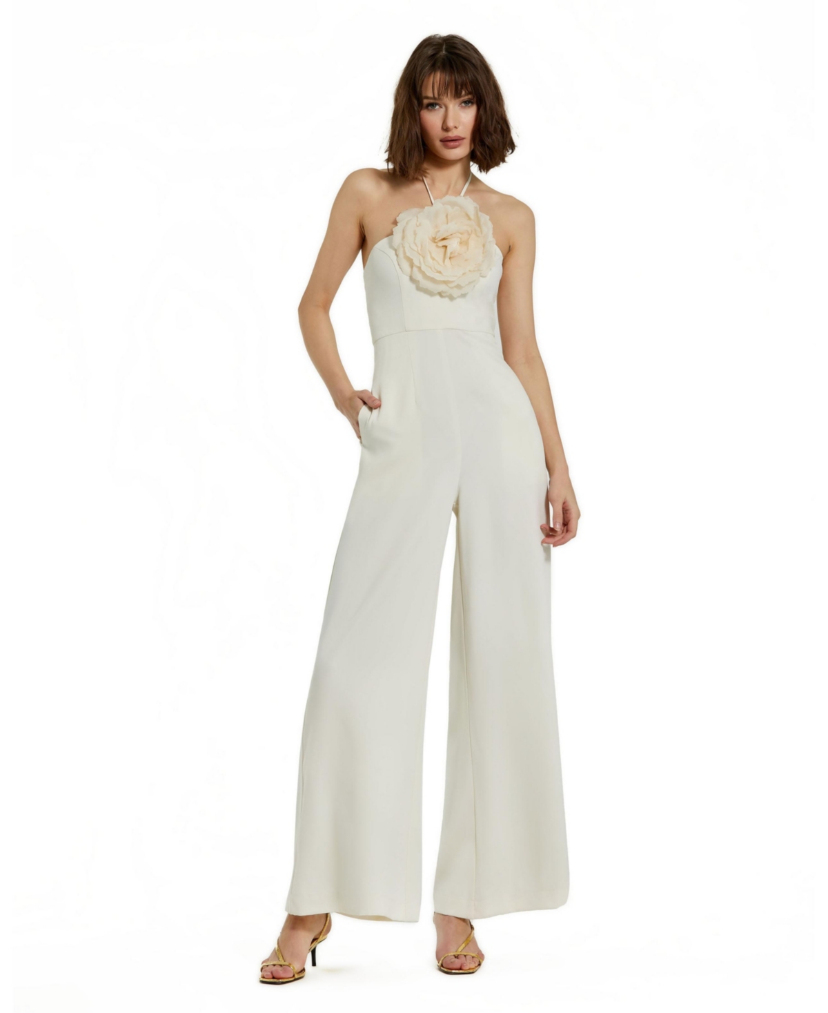 Women's Crepe Halter Neck Flower Detail Jumpsuit - Ivory
