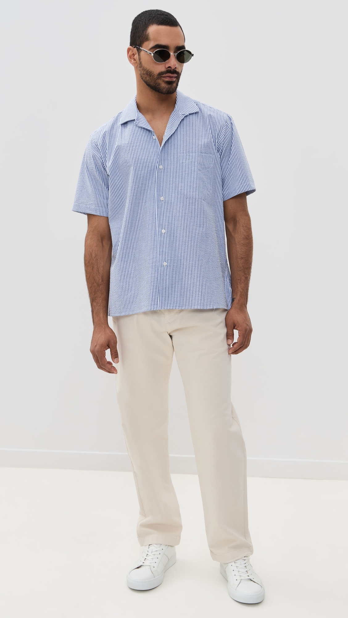 Gitman Vintage Striped Seersucker Camp Shirt Blue Stripe