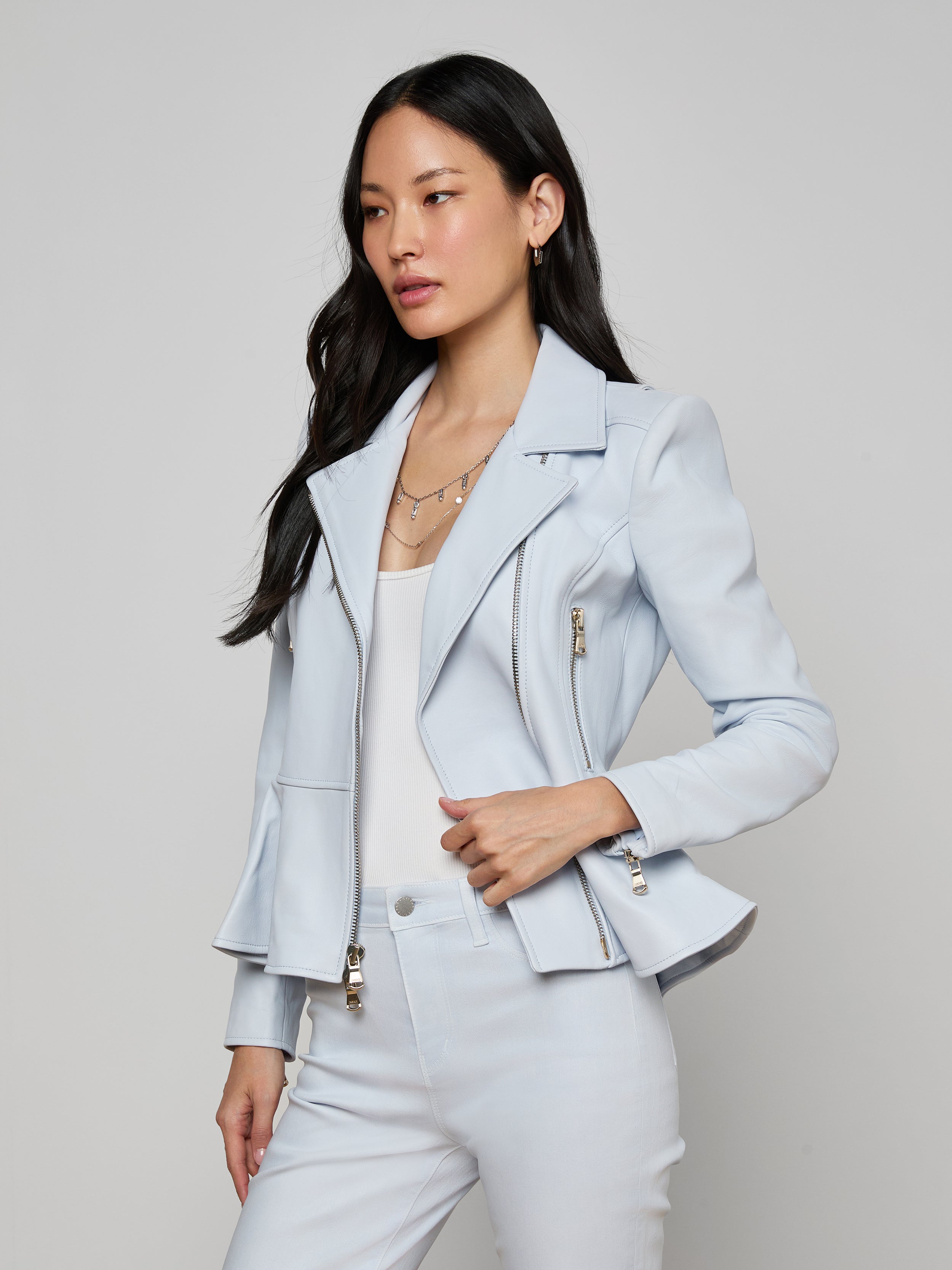 Lyric Peplum Biker Jacket In Pale Mist Blue