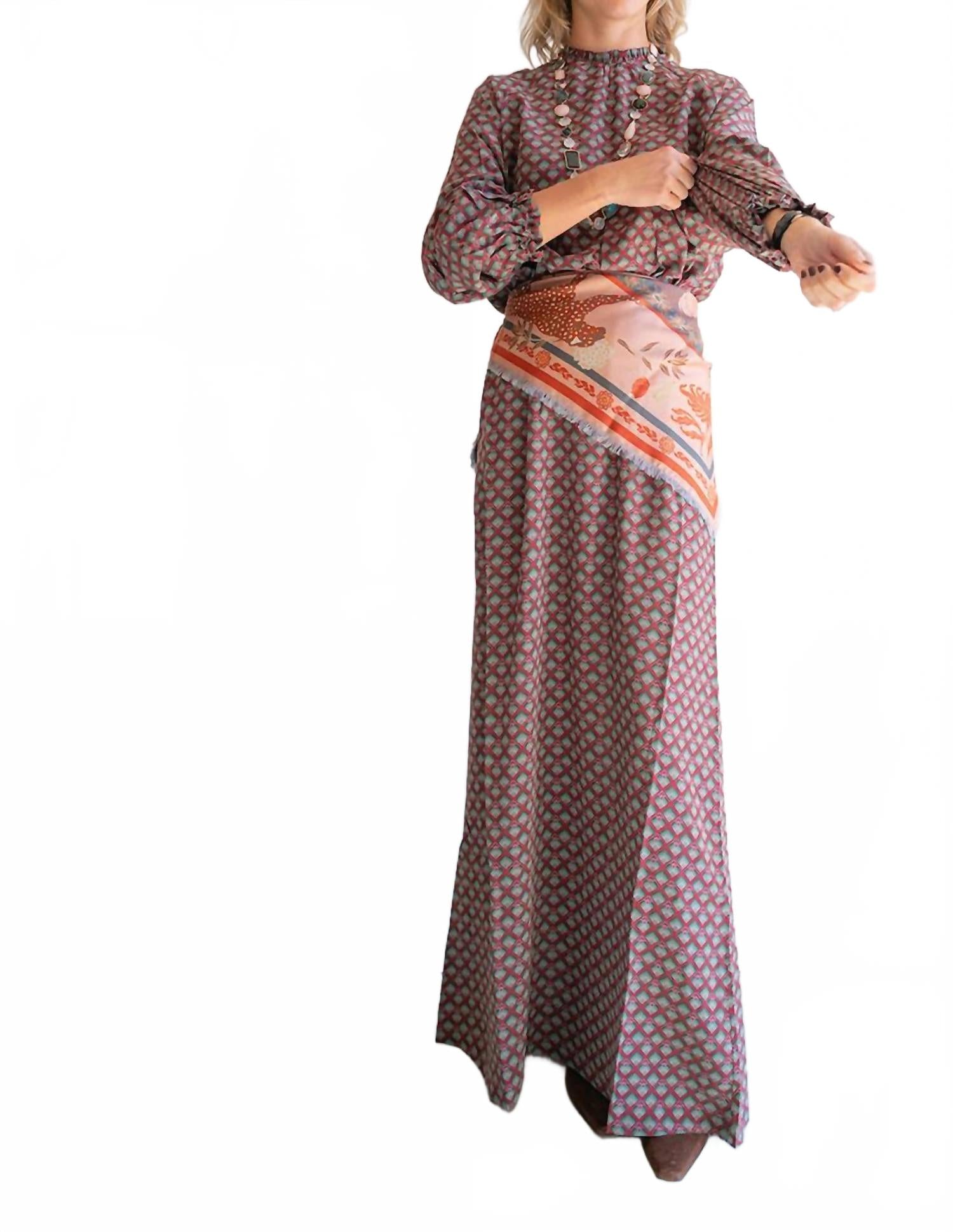 Trapezio Long Silk Dress In Red Geo