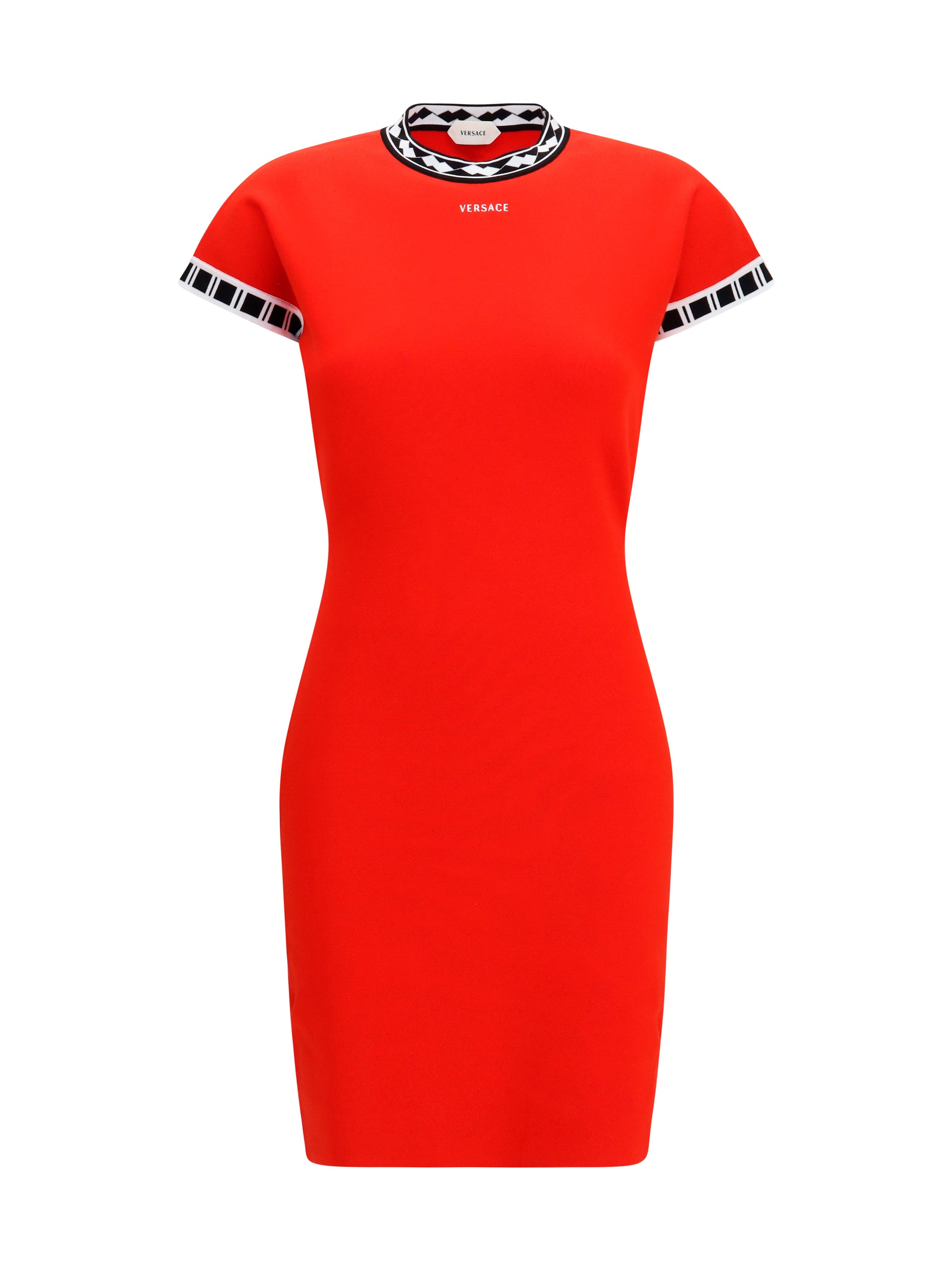 Geometric Jacquard Trim Mini Dress — Red