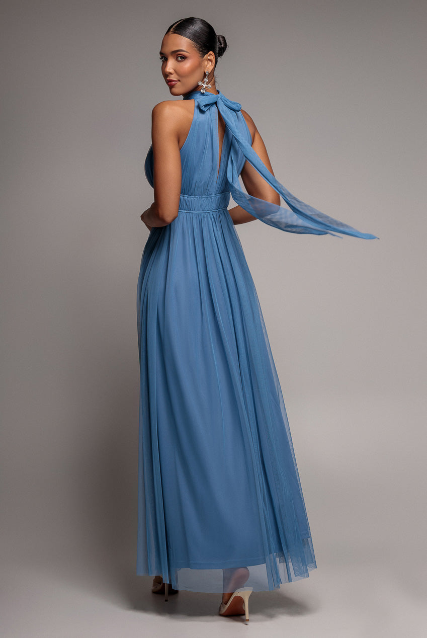 Goddiva Halter Neck Mesh Tie Maxi Dress - Dusty Blue