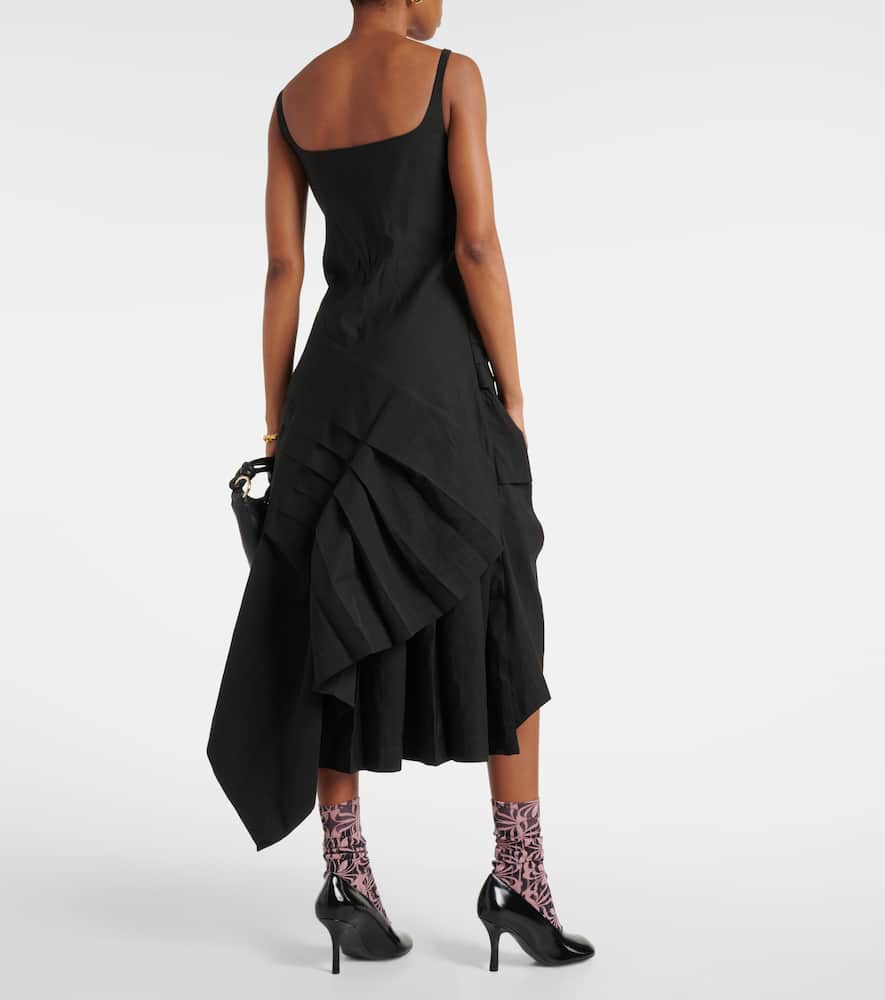 Draped pleated linen and cotton midi dress