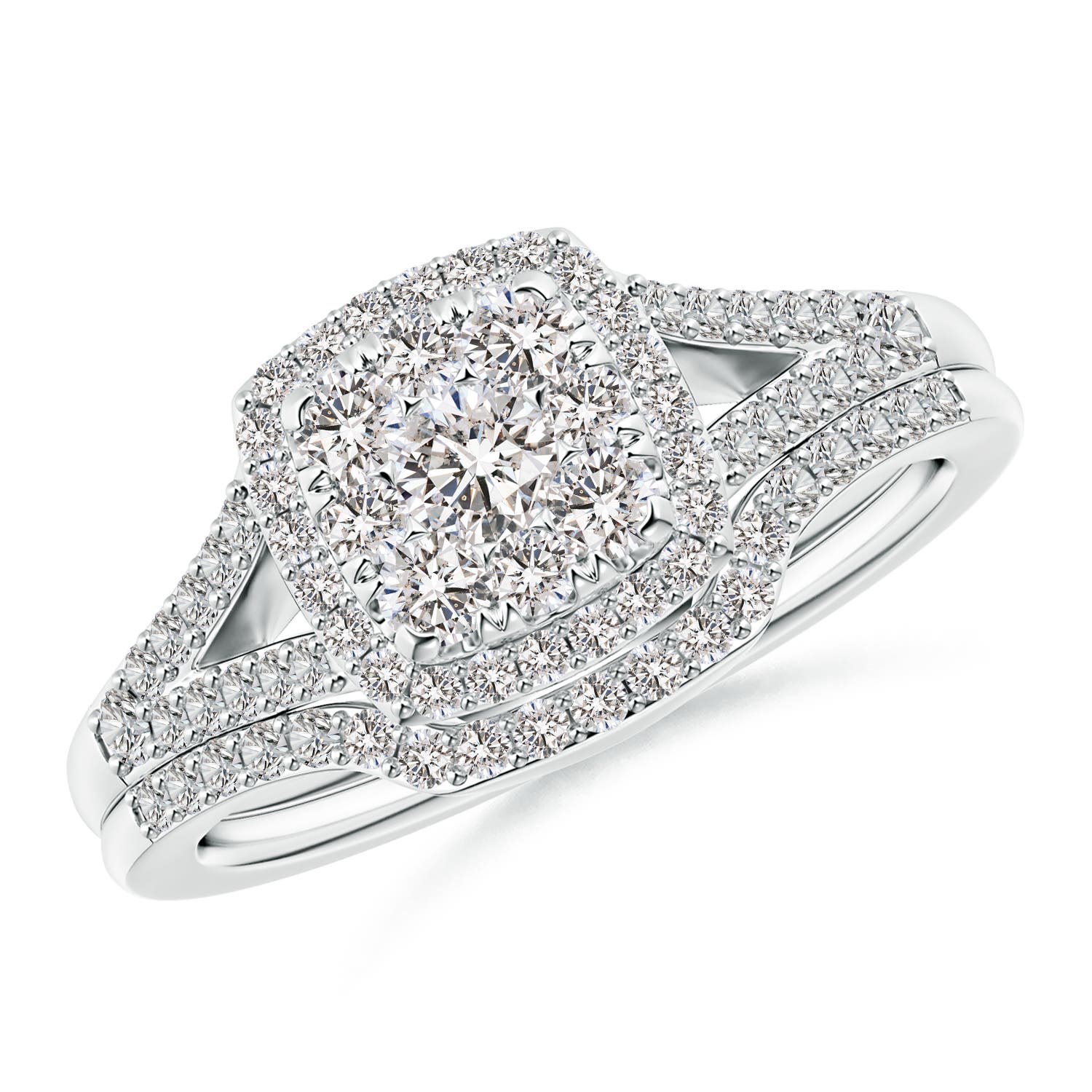 Angara 1.02 Carats Cushion Composite Diamond Halo Split Shank Bridal Set in Platinum
