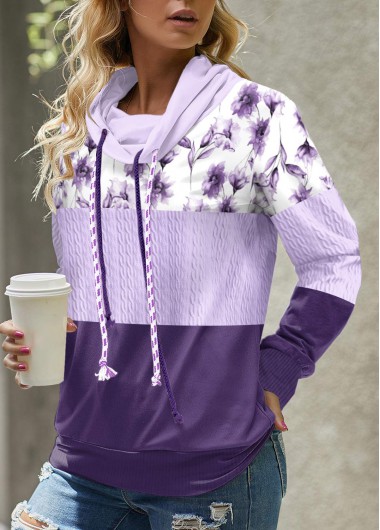 Modlily Light Purple Patchwork Floral Print Long Sleeve Sweatshirt