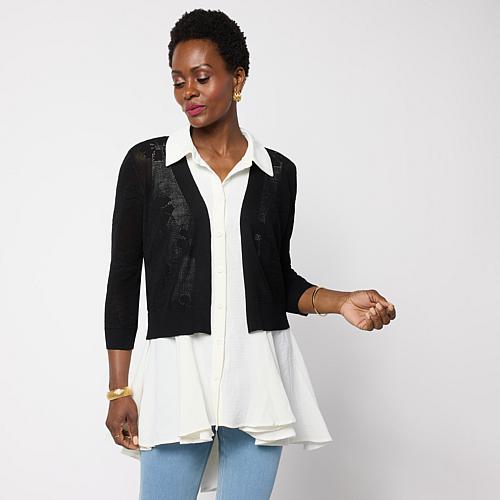 3/4 Sleeve Knit Open Hole Bolero Top - Ivory/Off White