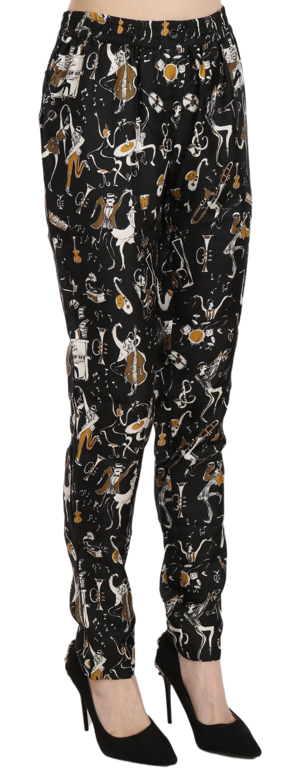 Jazz Club Print Silk Trousers — Black