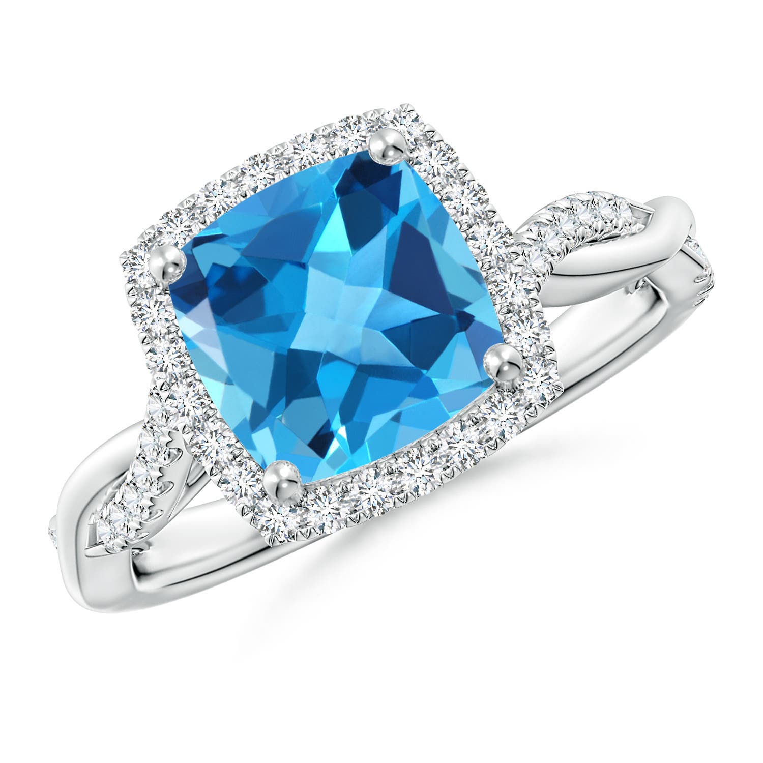 Angara 2.5 Carats Twisted Shank Cushion Swiss Blue Topaz Halo Engagement Ring in Platinum