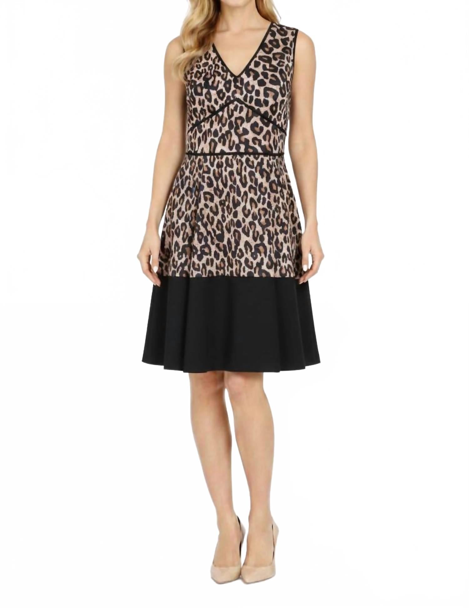 V Neck Leopard Print A-Line Dress In Brown/black