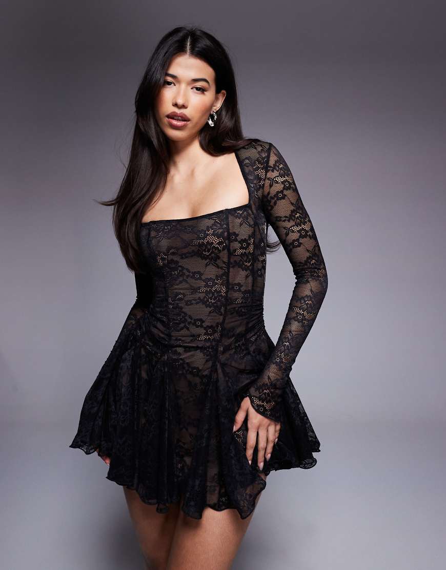 Square neck long sleeve gathered ruffle hem lace mini dress in black